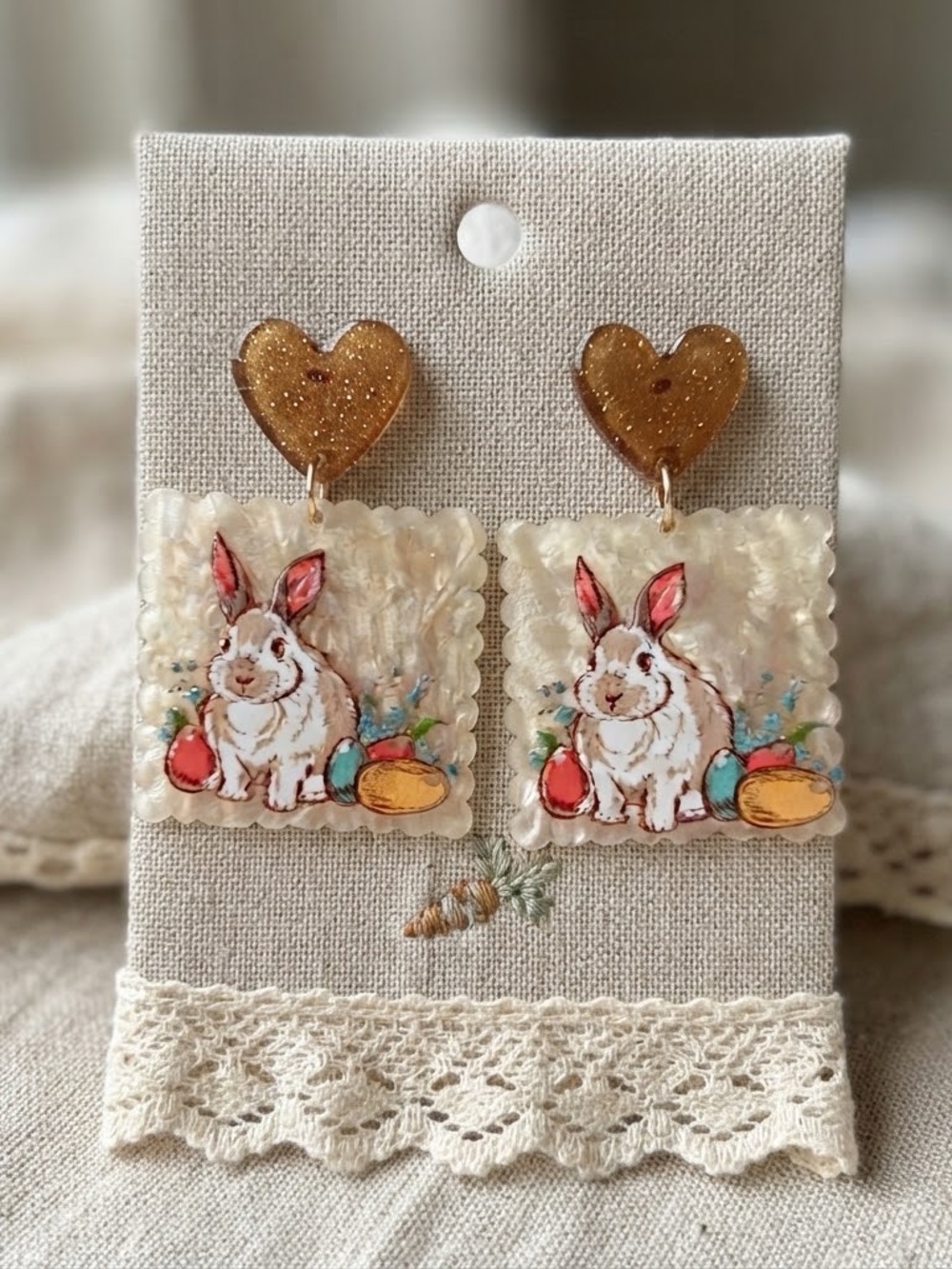 Bunny Dangle Earrings in Cream and Gold